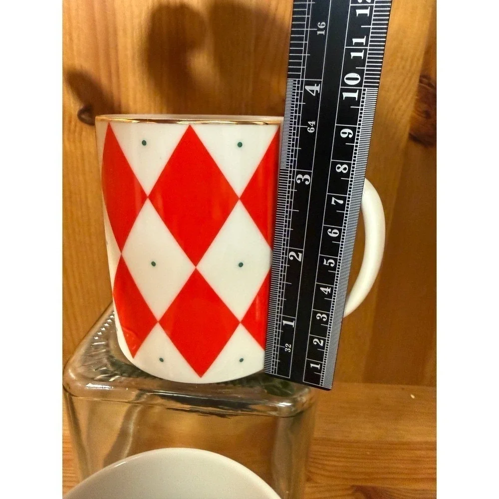 Williams Sonoma Harlequin Diamond Mugs Set of 2 Red‎ White Gold Trim